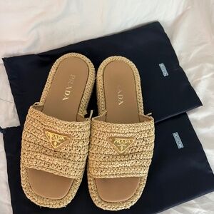Prada Rafia Platform Slides